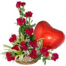 Red Balloon in the Shape of a Heart and a Bouquet of 36 Red Roses